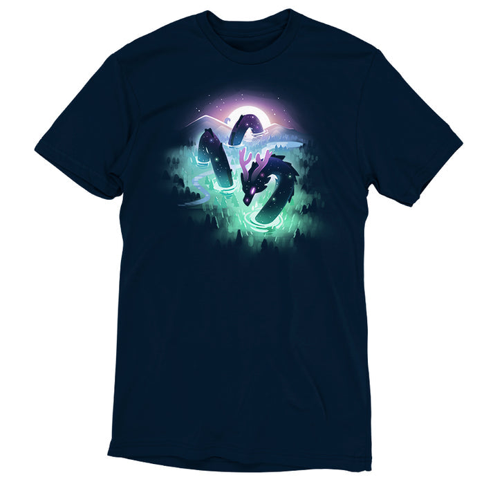 Premium Cotton T-shirt_TeeTurtle Cosmic Colors navy blue t-shirt featuring a mystical sea serpent in a dark ocean.