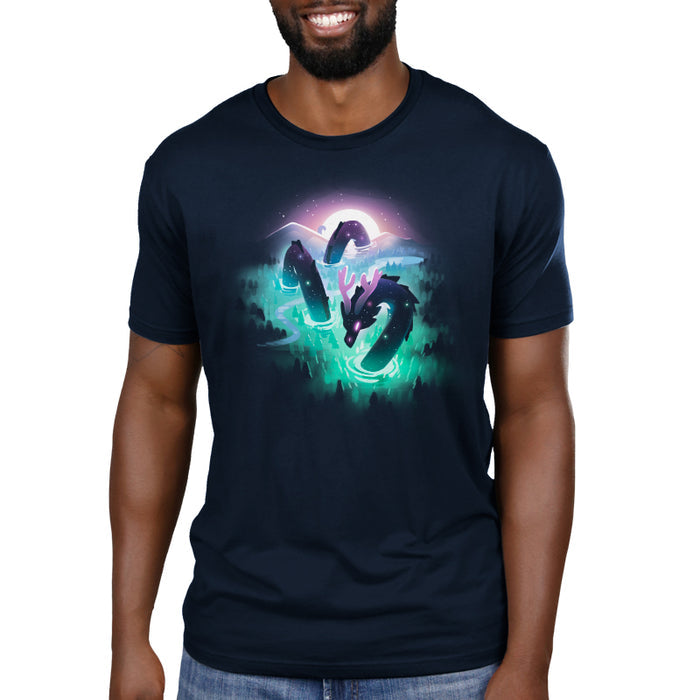 Premium Cotton T-shirt_TeeTurtle Cosmic Colors navy blue t-shirt featuring a mystical sea serpent in a dark ocean.