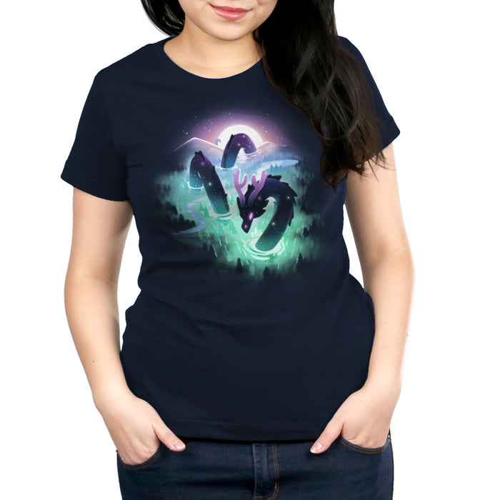 Premium Cotton T-shirt_TeeTurtle Cosmic Colors navy blue t-shirt featuring a mystical sea serpent in a dark ocean.