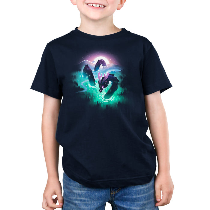 Premium Cotton T-shirt_TeeTurtle Cosmic Colors navy blue t-shirt featuring a mystical sea serpent in a dark ocean.