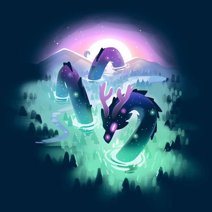 Classic Cotton T-shirt_TeeTurtle Cosmic Colors navy blue t-shirt featuring a mystical sea serpent in a dark ocean.