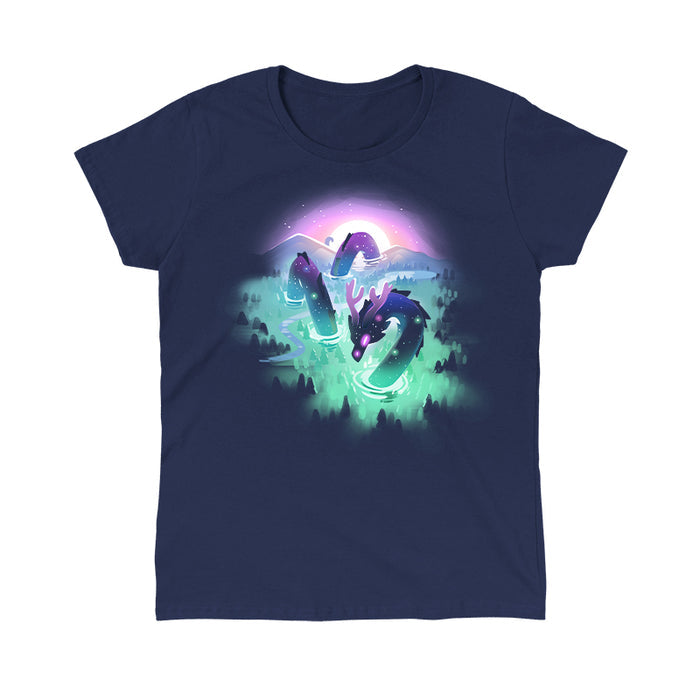 Classic Cotton T-shirt_TeeTurtle Cosmic Colors navy blue t-shirt featuring a mystical sea serpent in a dark ocean.