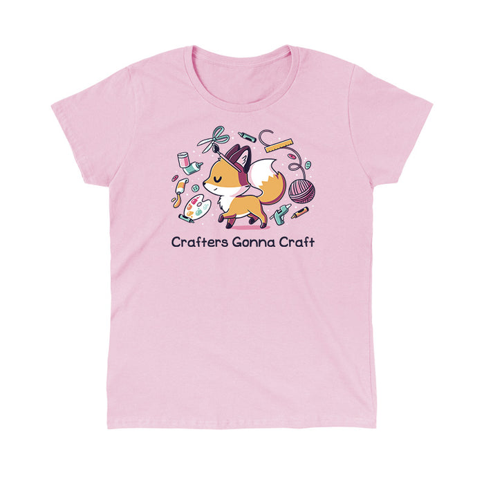 Classic Cotton T-shirt_TeeTurtle light pink Crafters Gonna Craft apparel featuring happy fox surrounded by crafting items such as paint, scissors, yarn, and glue. Caption below reads, "Crafters Gonna Craft".