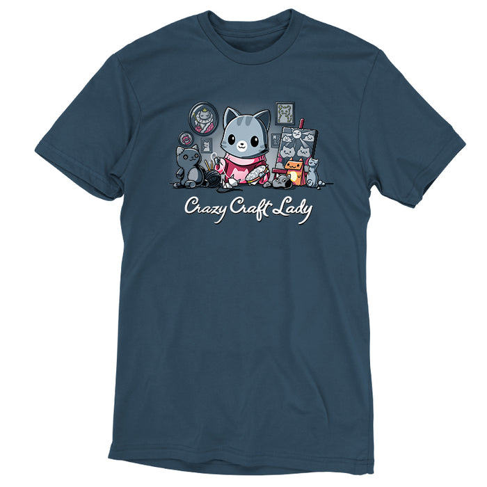 Premium Cotton T-shirt_TeeTurtle denim blue Crazy Craft Lady apparel featuring a cat happily sewing, surrounded by cat themed craft projects. Caption reads, "crazy craft lady".