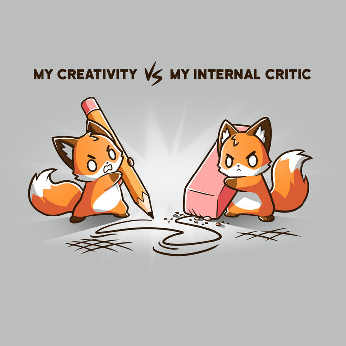 Premium Cotton T-shirt_TeeTurtle Creativity vs Critic silver gray t-shirt featuring a fox drawing with a pencil and another fox holding an eraser erasing the pencil drawing while both looking angry at each other. "MY CREATIVITY VS MY INTERNAL  CRITIC"  is written on top.