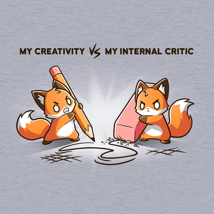 Classic Cotton T-shirt_TeeTurtle Creativity vs Critic heather gray t-shirt featuring a fox drawing with a pencil and another fox holding an eraser erasing the pencil drawing while both looking angry at each other. "MY CREATIVITY VS MY INTERNAL  CRITIC"  is written on top.