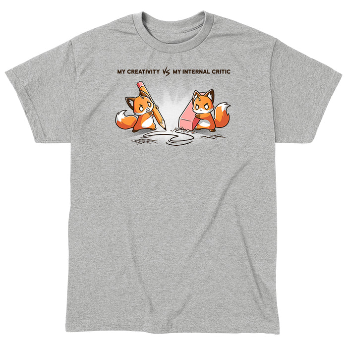 Classic Cotton T-shirt_TeeTurtle Creativity vs Critic heather gray t-shirt featuring a fox drawing with a pencil and another fox holding an eraser erasing the pencil drawing while both looking angry at each other. "MY CREATIVITY VS MY INTERNAL  CRITIC"  is written on top.