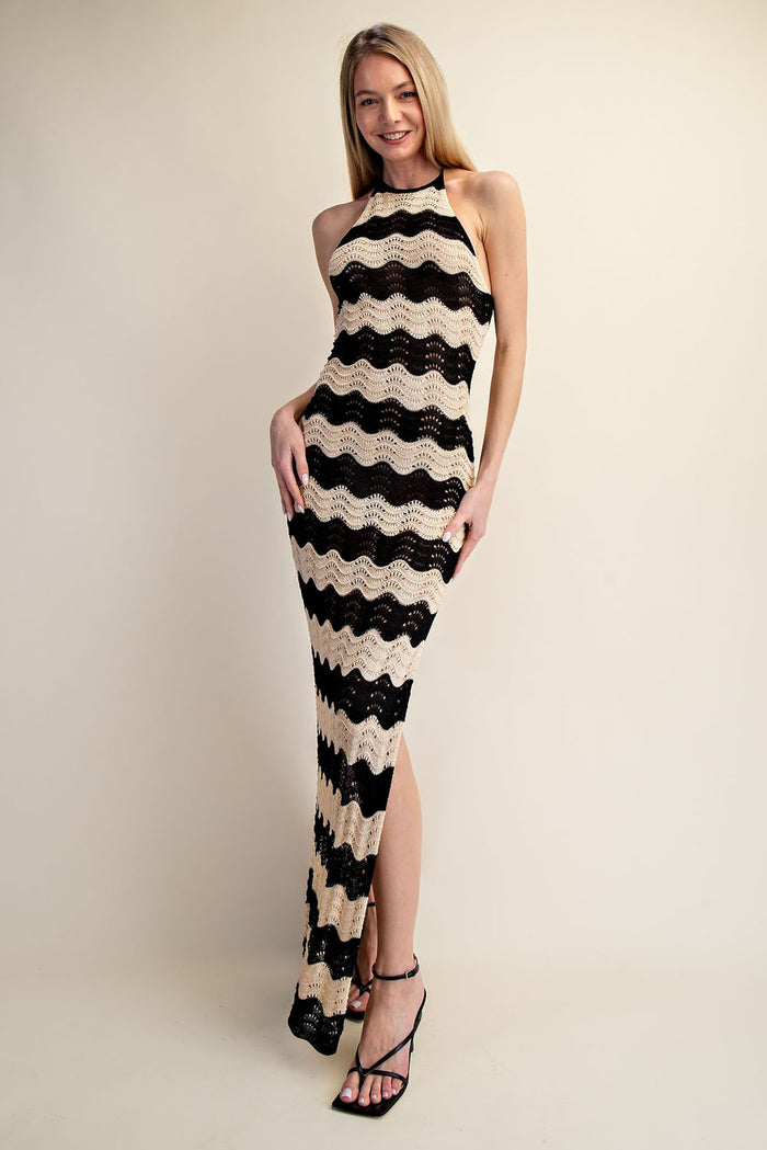 Crochet Halter Side Slit Maxi Dress - Taupe/Black