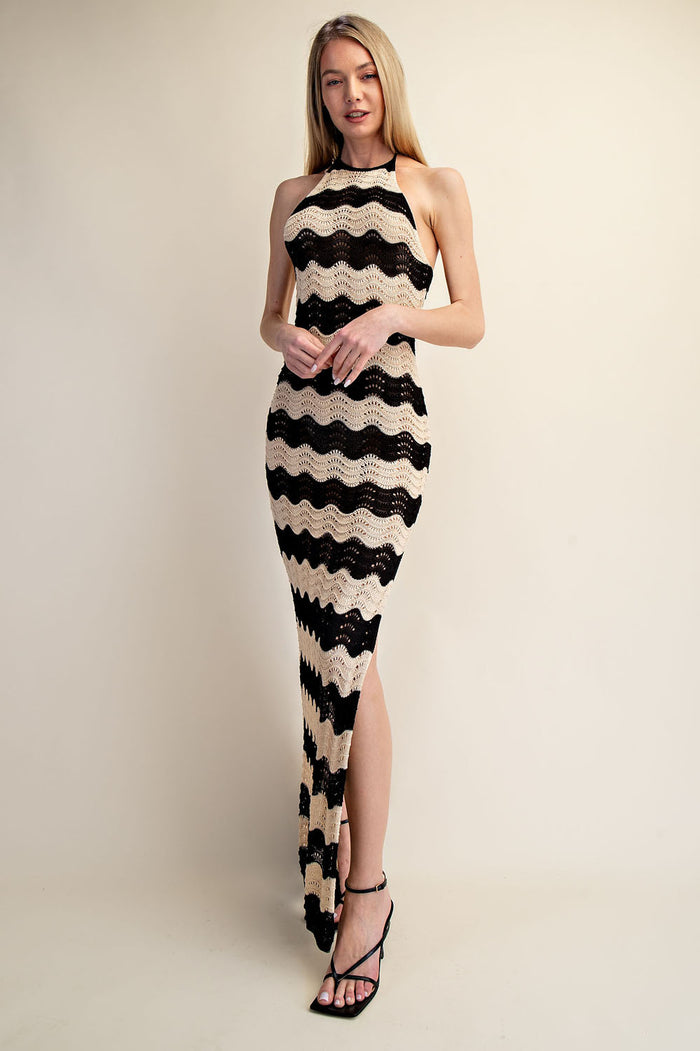 Crochet Halter Side Slit Maxi Dress - Taupe/Black