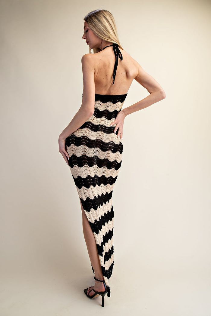 Crochet Halter Side Slit Maxi Dress - Taupe/Black