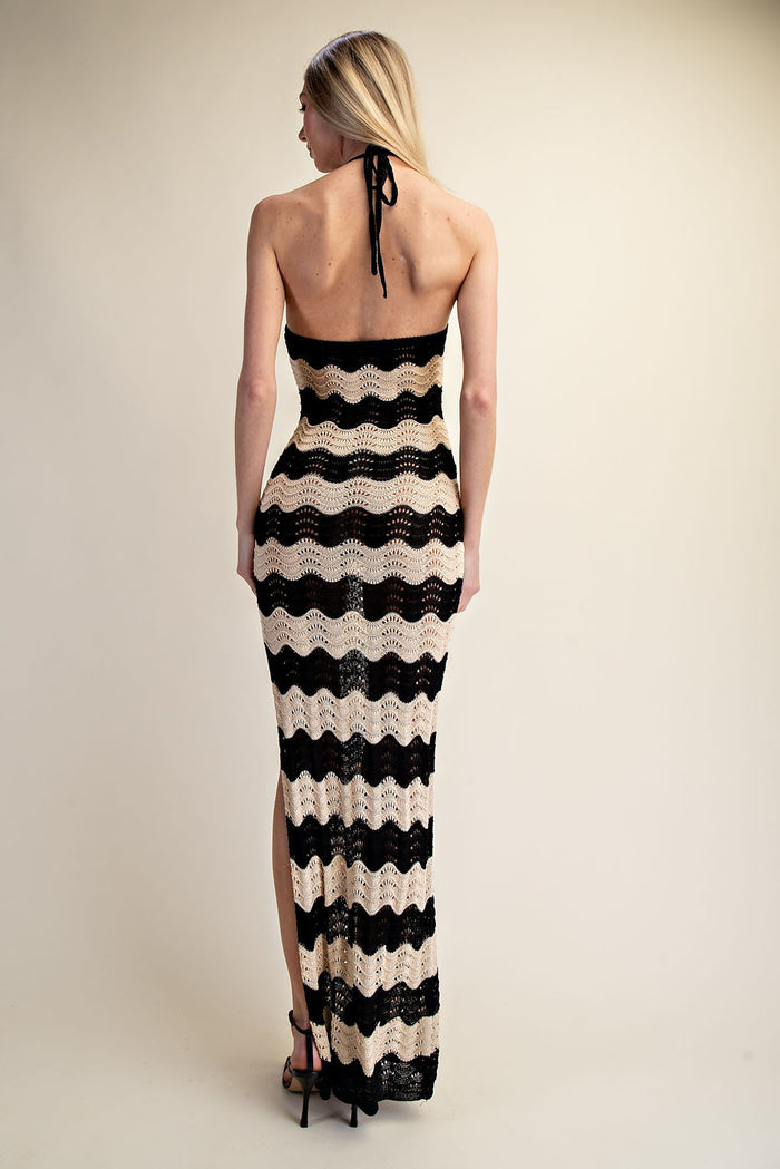 Crochet Halter Side Slit Maxi Dress - Taupe/Black