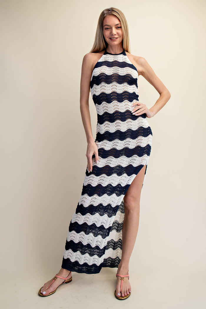 Crochet Halter Side Slit Maxi Dress - Taupe/Black