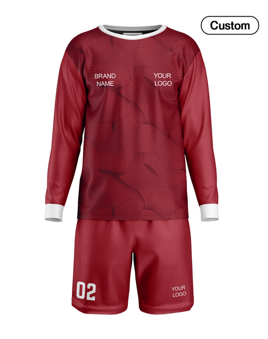 Red sports uniform with customizable branding on a white background