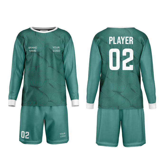 Goalkeeper sports kit with customizable branding on a white background