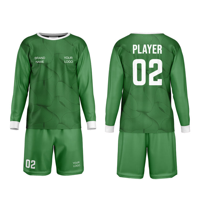 Soccer goalkeeper jersey and shorts set with customizable text on a white background