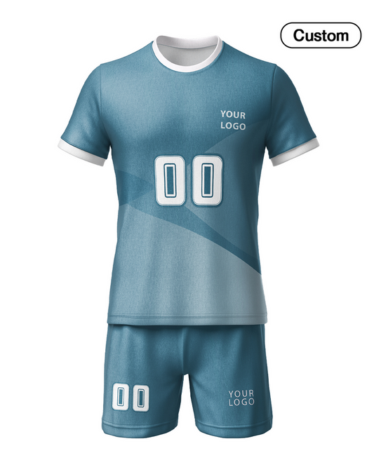 Sports jersey and shorts set with customizable logos on a white background