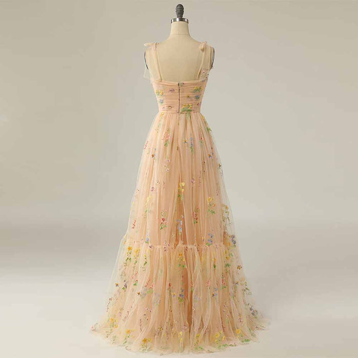 Cute A Line Spaghetti Straps Champagne Prom Dress with Embroidery