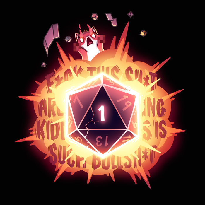 Premium Cotton T-shirt_TeeTurtle black D20 Rage apparel featuring a fox with raging fire-eyes that’s thrown its paws in the air, along with other tabletop gaming accessories, such as dice, cards, and a playmat, with a large D20 that’s rolled a 1 in the center, and explosive curse words in the background.