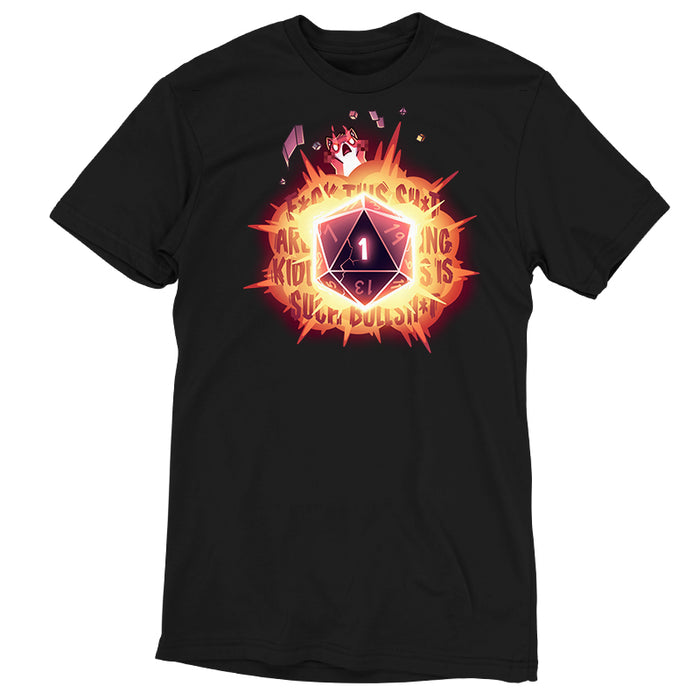 Premium Cotton T-shirt_TeeTurtle black D20 Rage apparel featuring a fox with raging fire-eyes that’s thrown its paws in the air, along with other tabletop gaming accessories, such as dice, cards, and a playmat, with a large D20 that’s rolled a 1 in the center, and explosive curse words in the background.