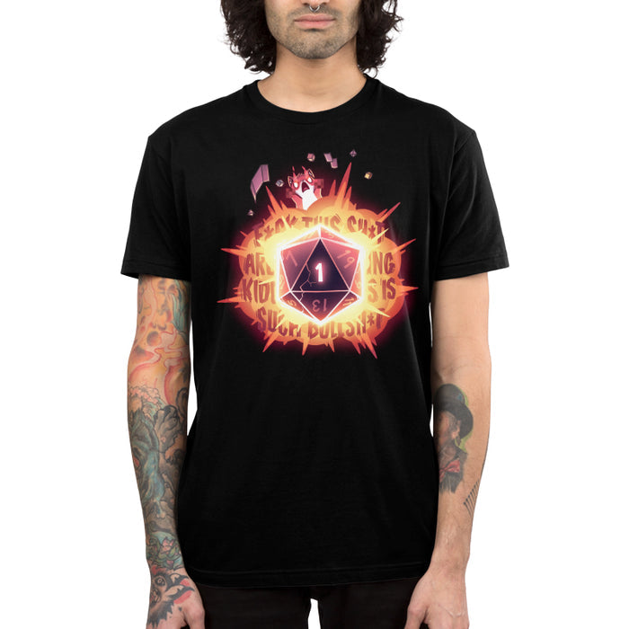 Premium Cotton T-shirt_TeeTurtle black D20 Rage apparel featuring a fox with raging fire-eyes that’s thrown its paws in the air, along with other tabletop gaming accessories, such as dice, cards, and a playmat, with a large D20 that’s rolled a 1 in the center, and explosive curse words in the background.