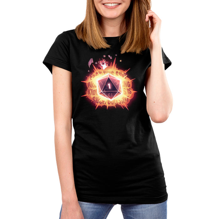 Premium Cotton T-shirt_TeeTurtle black D20 Rage apparel featuring a fox with raging fire-eyes that’s thrown its paws in the air, along with other tabletop gaming accessories, such as dice, cards, and a playmat, with a large D20 that’s rolled a 1 in the center, and explosive curse words in the background.