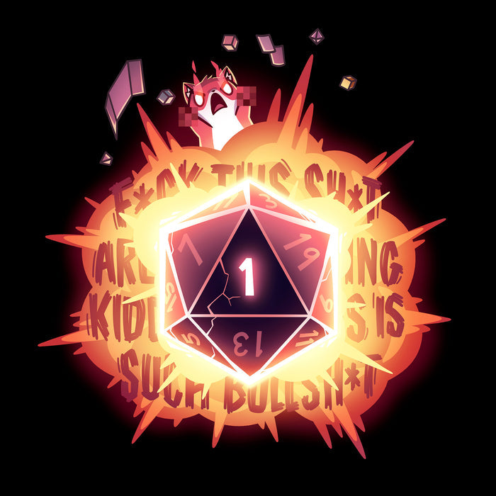 Classic Cotton T-shirt_TeeTurtle black D20 Rage apparel featuring a fox with raging fire-eyes that’s thrown its paws in the air, along with other tabletop gaming accessories, such as dice, cards, and a playmat, with a large D20 that’s rolled a 1 in the center, and explosive curse words in the background.