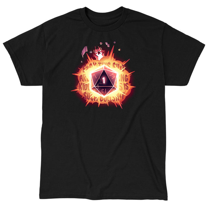 Classic Cotton T-shirt_TeeTurtle black D20 Rage apparel featuring a fox with raging fire-eyes that’s thrown its paws in the air, along with other tabletop gaming accessories, such as dice, cards, and a playmat, with a large D20 that’s rolled a 1 in the center, and explosive curse words in the background.