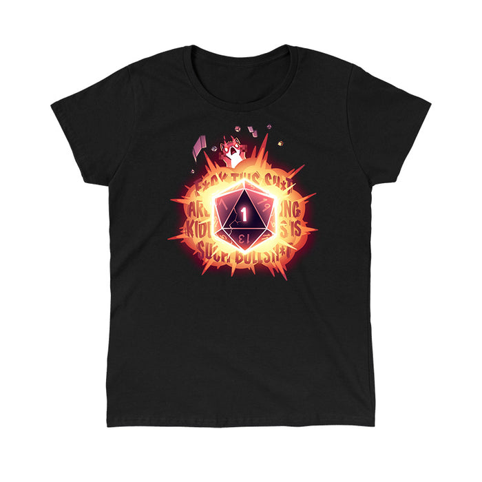 Classic Cotton T-shirt_TeeTurtle black D20 Rage apparel featuring a fox with raging fire-eyes that’s thrown its paws in the air, along with other tabletop gaming accessories, such as dice, cards, and a playmat, with a large D20 that’s rolled a 1 in the center, and explosive curse words in the background.