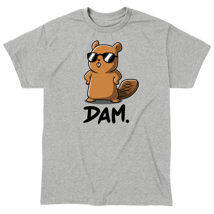 Classic Cotton T-shirt_TeeTurtle Dam. heather gray t-shirt featuring a beaver wearing sunglasses, standing with hands on hips, with the word "Dam." written below.