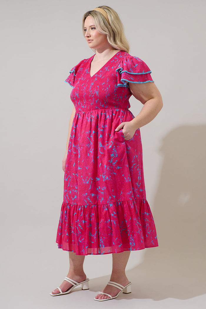 Delina Floral Patte Tiered Midi Dress Curve