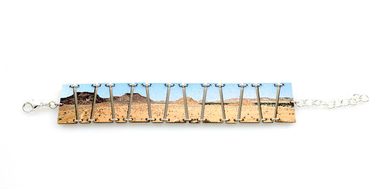 Desert landscape scene laser-cut wood bracelet, made in USA