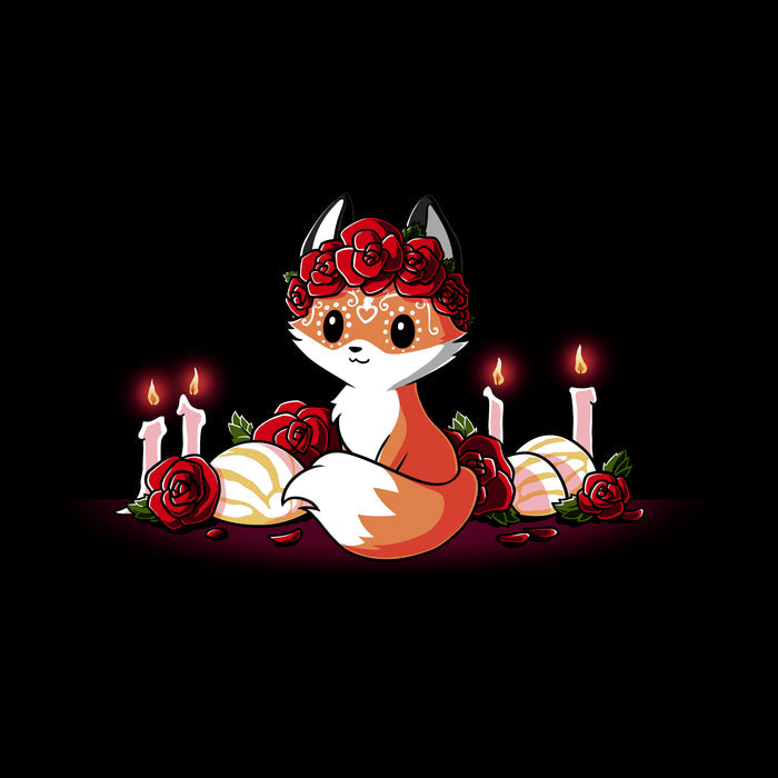 Classic Cotton T-shirt_TeeTurtle Dia de los Foxes black t-shirt featuring a cute little fox animal with Dia de los Muertos markings and wearing a crown of roses, surrounded by lit candles, roses and other Day of the Dead objects.