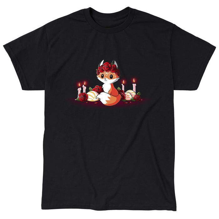 Classic Cotton T-shirt_TeeTurtle Dia de los Foxes black t-shirt featuring a cute little fox animal with Dia de los Muertos markings and wearing a crown of roses, surrounded by lit candles, roses and other Day of the Dead objects.