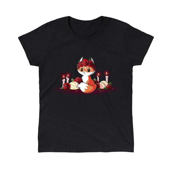 Classic Cotton T-shirt_TeeTurtle Dia de los Foxes black t-shirt featuring a cute little fox animal with Dia de los Muertos markings and wearing a crown of roses, surrounded by lit candles, roses and other Day of the Dead objects.