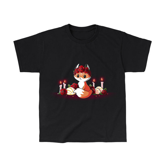 Classic Cotton T-shirt_TeeTurtle Dia de los Foxes black t-shirt featuring a cute little fox animal with Dia de los Muertos markings and wearing a crown of roses, surrounded by lit candles, roses and other Day of the Dead objects.