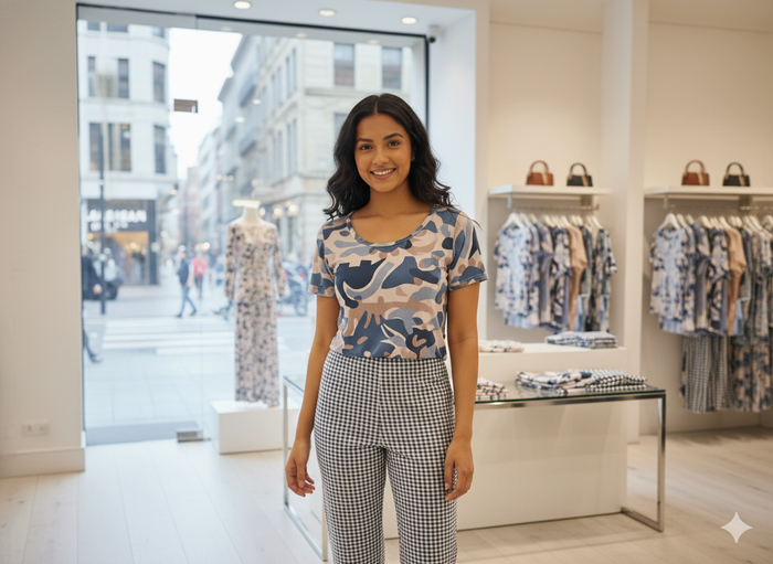 Irah Vastra women’s T-shirt and pant set — model front view