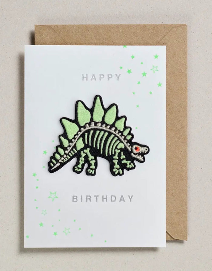 Dino Skeleton Happy Birthday Glow in the Dark Iron on Patch Greeting Card, Petra Boase