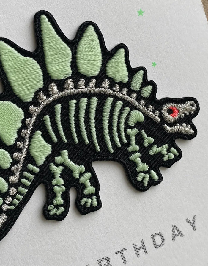 Dino Skeleton Happy Birthday Glow in the Dark Iron on Patch Greeting Card, Petra Boase