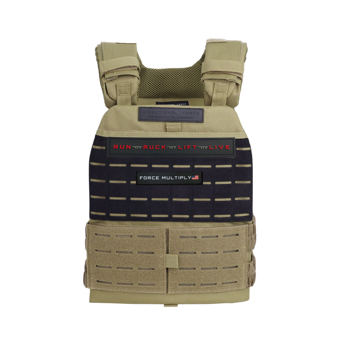Centurion Weight Vest in black and tan with padded shoulders and molle webbing plate carrier