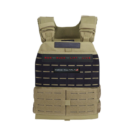 Centurion Weight Vest in black and tan with padded shoulders and molle webbing plate carrier