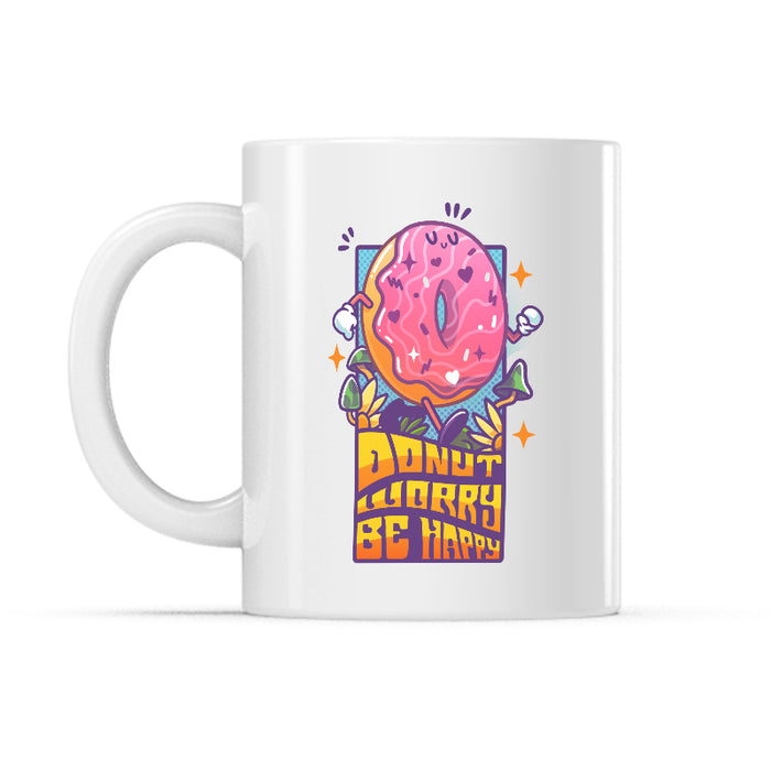 Ceramic Mug_TeeTurtle Donut Worry Be Happy white mug featuring a carefree, walking donut.