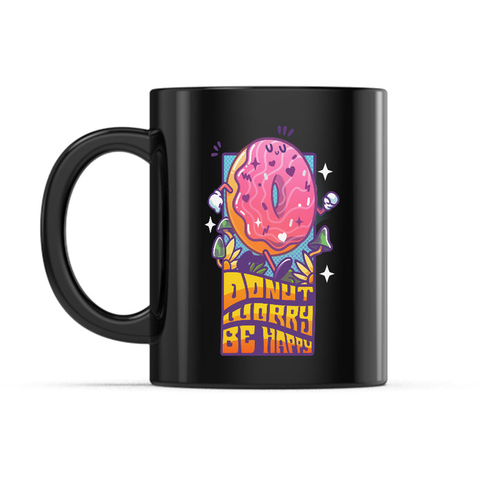 Ceramic Mug_TeeTurtle Donut Worry Be Happy black mug featuring a carefree, walking donut.