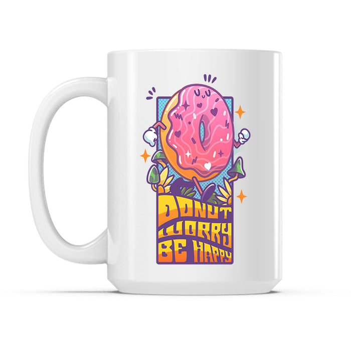 Ceramic Mug_TeeTurtle Donut Worry Be Happy white mug featuring a carefree, walking donut.