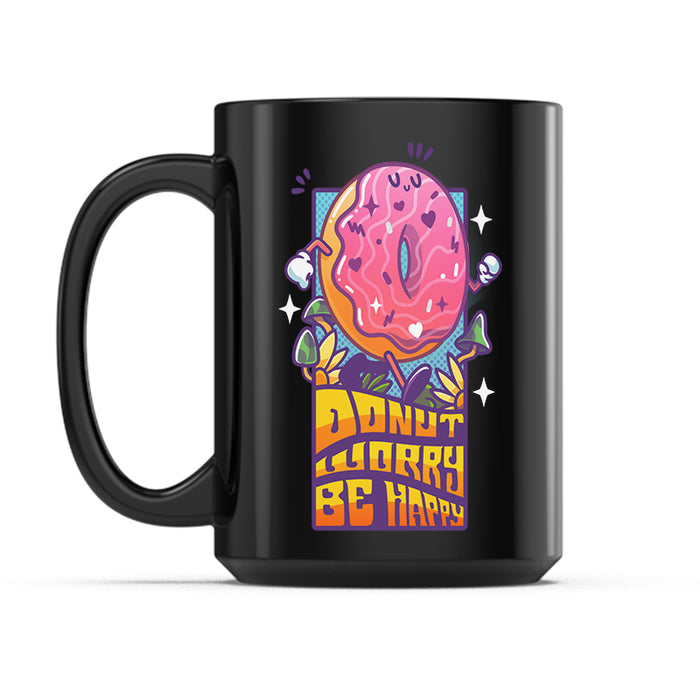 Ceramic Mug_TeeTurtle Donut Worry Be Happy black mug featuring a carefree, walking donut.