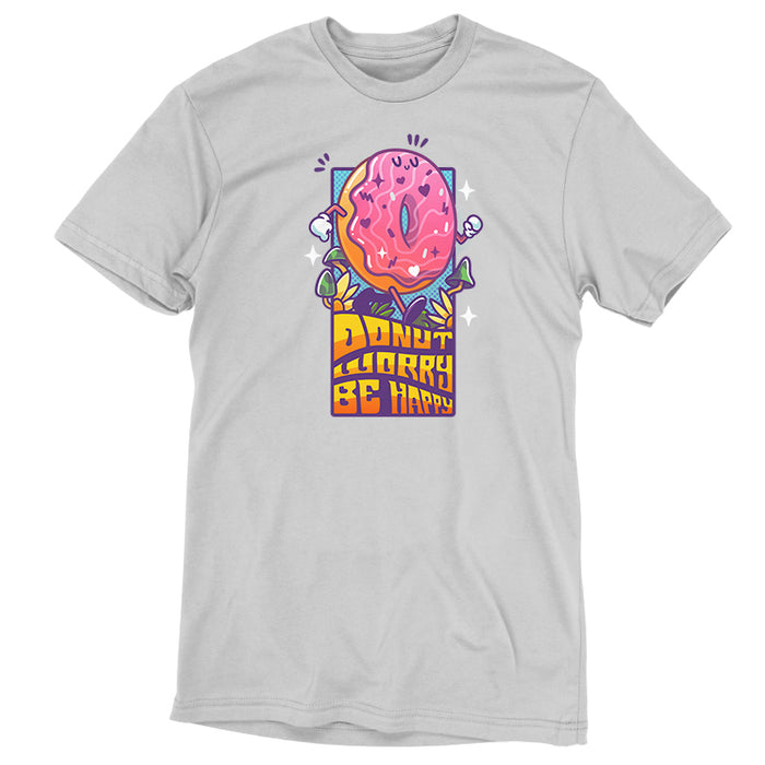Premium Cotton T-shirt_TeeTurtle silver gray Donut Worry Be Happy apparel featuring a happy doughnut walking among grass and mushrooms with the caption, “Donut Worry Be Happy“ in an eighties, groovy, psychedelic font.