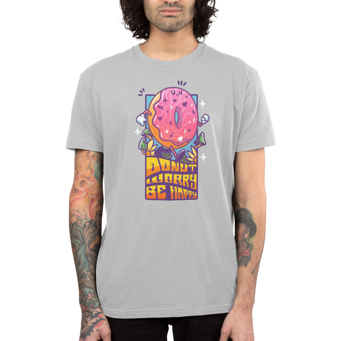 Premium Cotton T-shirt_TeeTurtle silver gray Donut Worry Be Happy apparel featuring a happy doughnut walking among grass and mushrooms with the caption, “Donut Worry Be Happy“ in an eighties, groovy, psychedelic font.