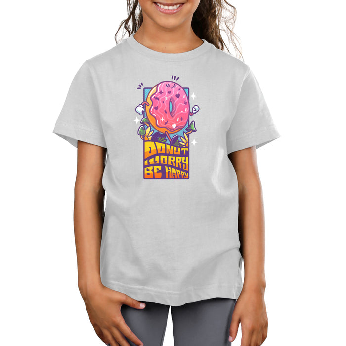 Premium Cotton T-shirt_TeeTurtle silver gray Donut Worry Be Happy apparel featuring a happy doughnut walking among grass and mushrooms with the caption, “Donut Worry Be Happy“ in an eighties, groovy, psychedelic font.