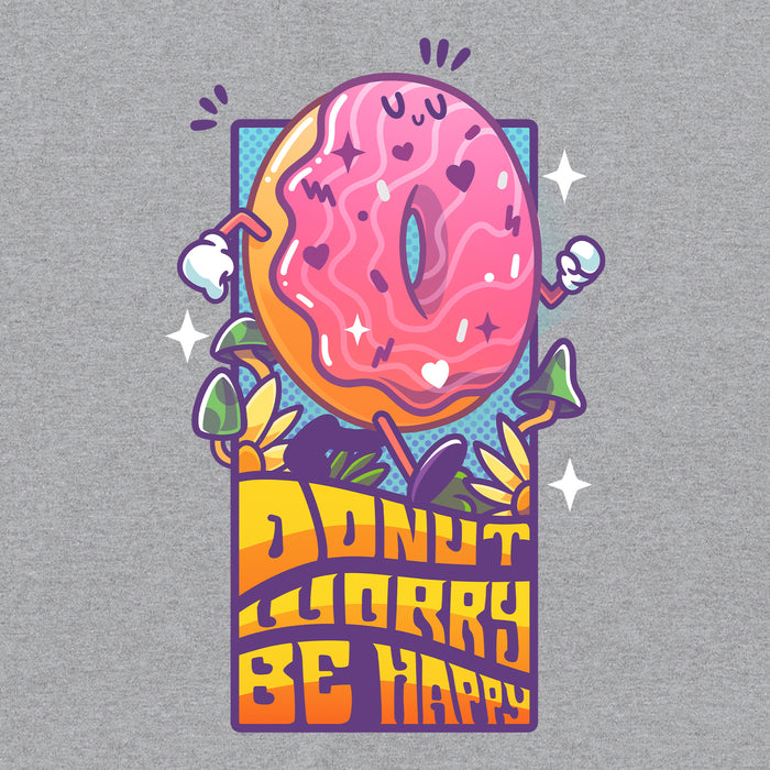 Classic Cotton T-shirt_TeeTurtle heather gray Donut Worry Be Happy apparel featuring a happy doughnut walking among grass and mushrooms with the caption, “Donut Worry Be Happy“ in an eighties, groovy, psychedelic font.