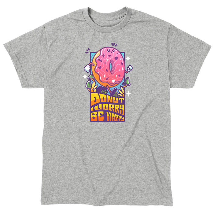 Classic Cotton T-shirt_TeeTurtle heather gray Donut Worry Be Happy apparel featuring a happy doughnut walking among grass and mushrooms with the caption, “Donut Worry Be Happy“ in an eighties, groovy, psychedelic font.