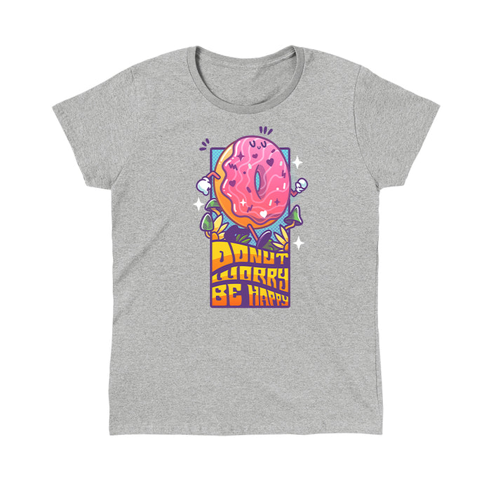 Classic Cotton T-shirt_TeeTurtle heather gray Donut Worry Be Happy apparel featuring a happy doughnut walking among grass and mushrooms with the caption, “Donut Worry Be Happy“ in an eighties, groovy, psychedelic font.